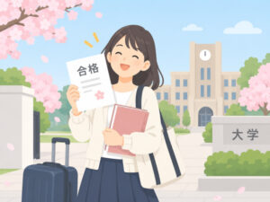大学の校舎の前で合格通知を持つ女性