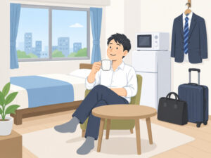 単身赴任先の部屋でくつろぐ男性
